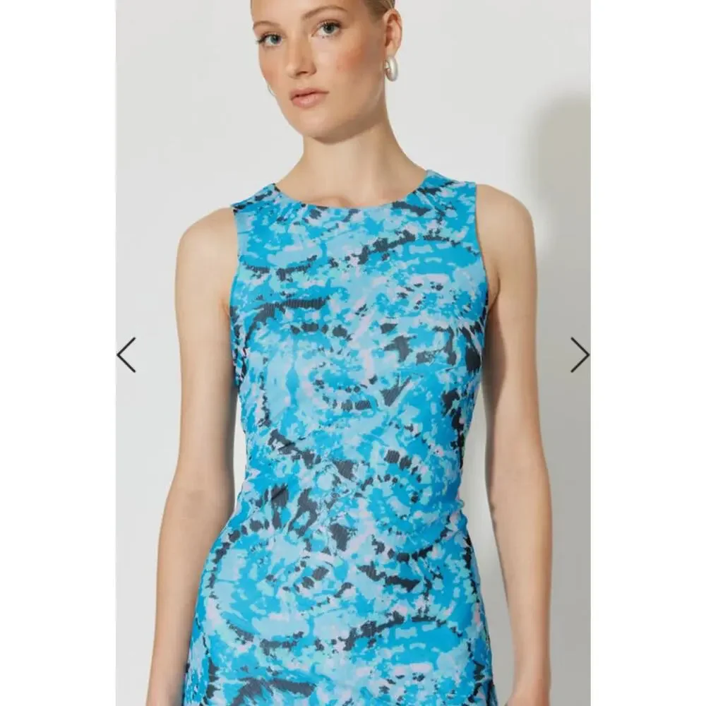 Something New Serena Print Sleeveless Mesh Maxi Dress Malibu Blue Aop Violeta XS